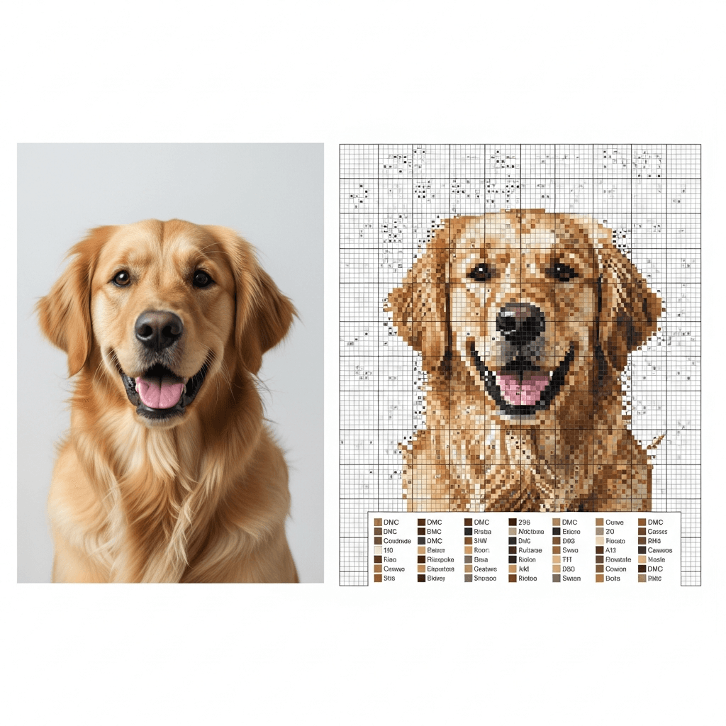 A side-by-side photo and cross stitch chart preview that shows how photo conversions can create scattered confetti stitches