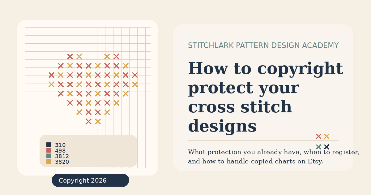 A printed cross stitch chart, PDF pattern preview, and copyright notice beside a laptop showing a digital pattern listing