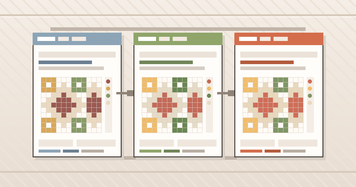 A side-by-side comparison of three cross stitch pattern tools shown on a laptop and tablet with chart previews, color palettes, and export panels